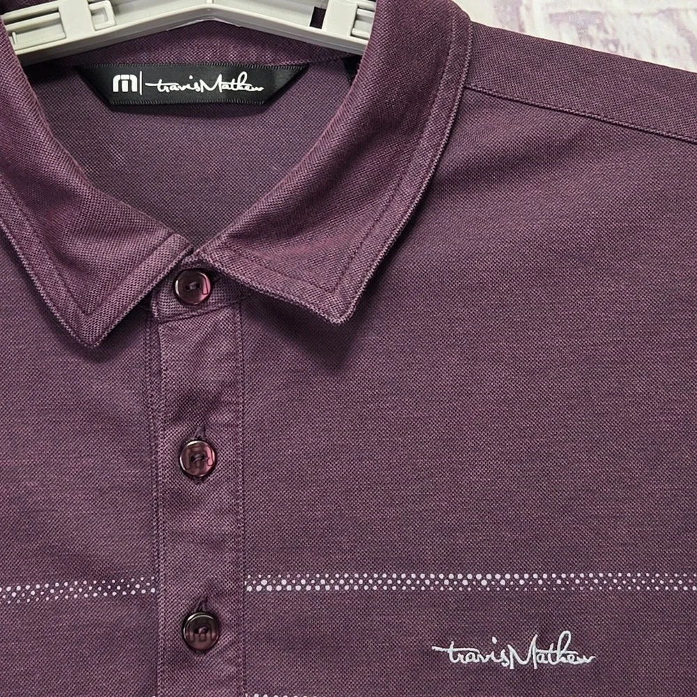 Travis Mathew Polo Shirt Burgundy Striped Pinehurst Golf Short Sleeve Mens Sz M